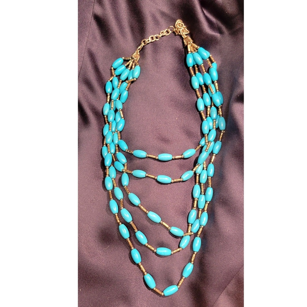 Multi Strand Turquoise Bead Necklace Gold Tone Accent Statement